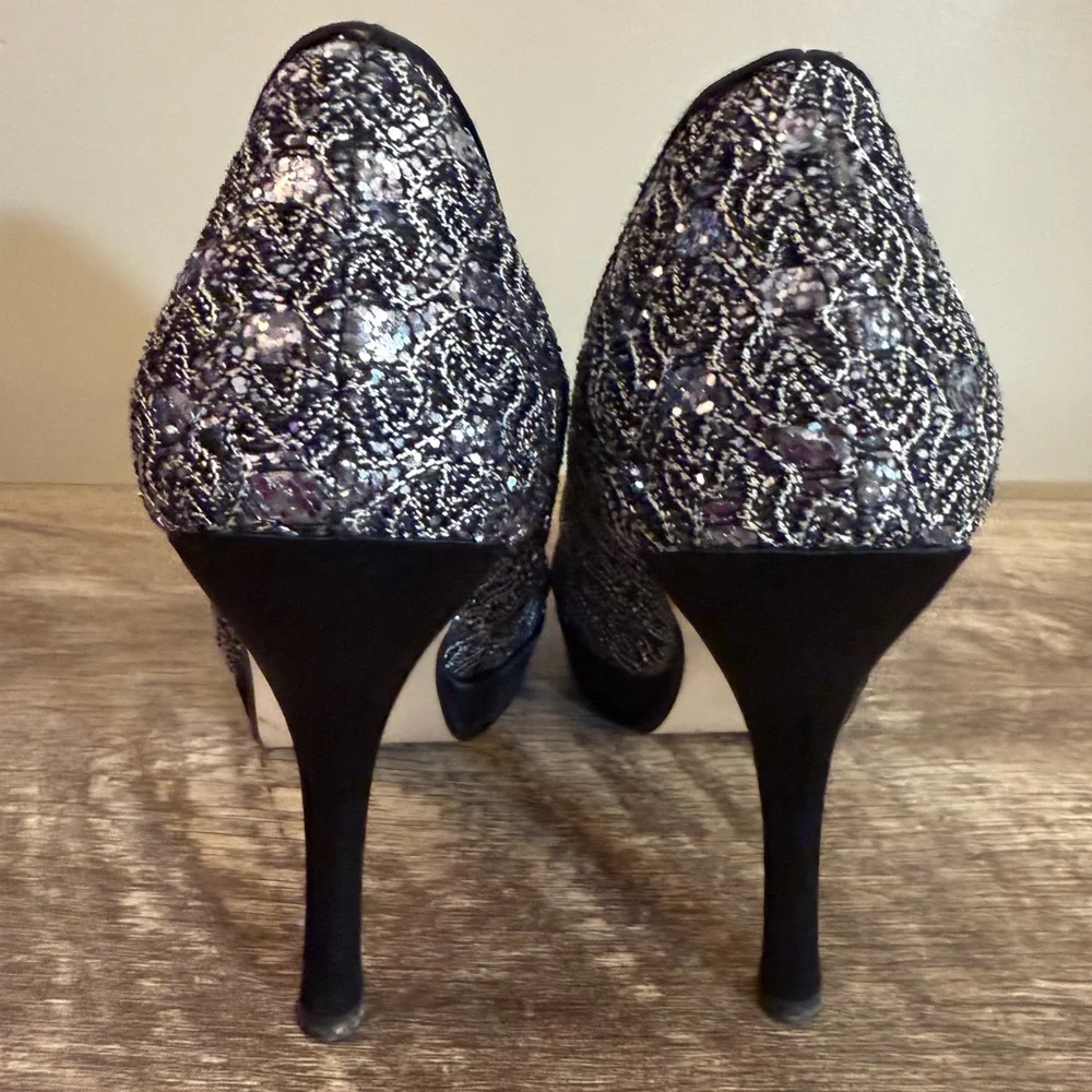 Caparros Peep Toe Formal Platform High Heels Shoes Silver Black Sparkle Size 6